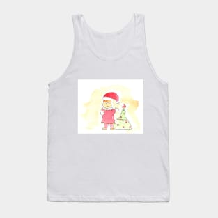 Human in Santa Claus hat near Christmas tree, character. Watercolor illustration on a winter theme, Tank Top